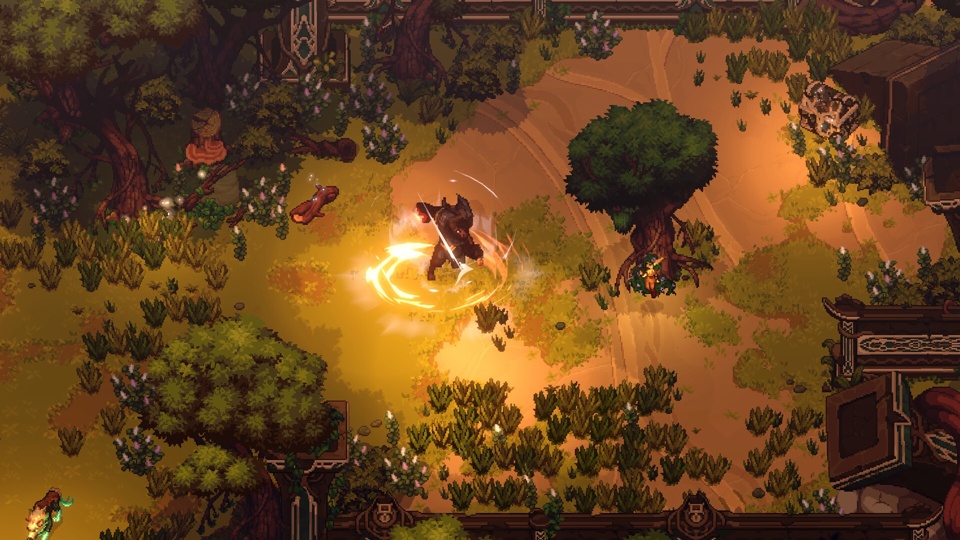 Dimraeth character using a glowing melee attack in the forest