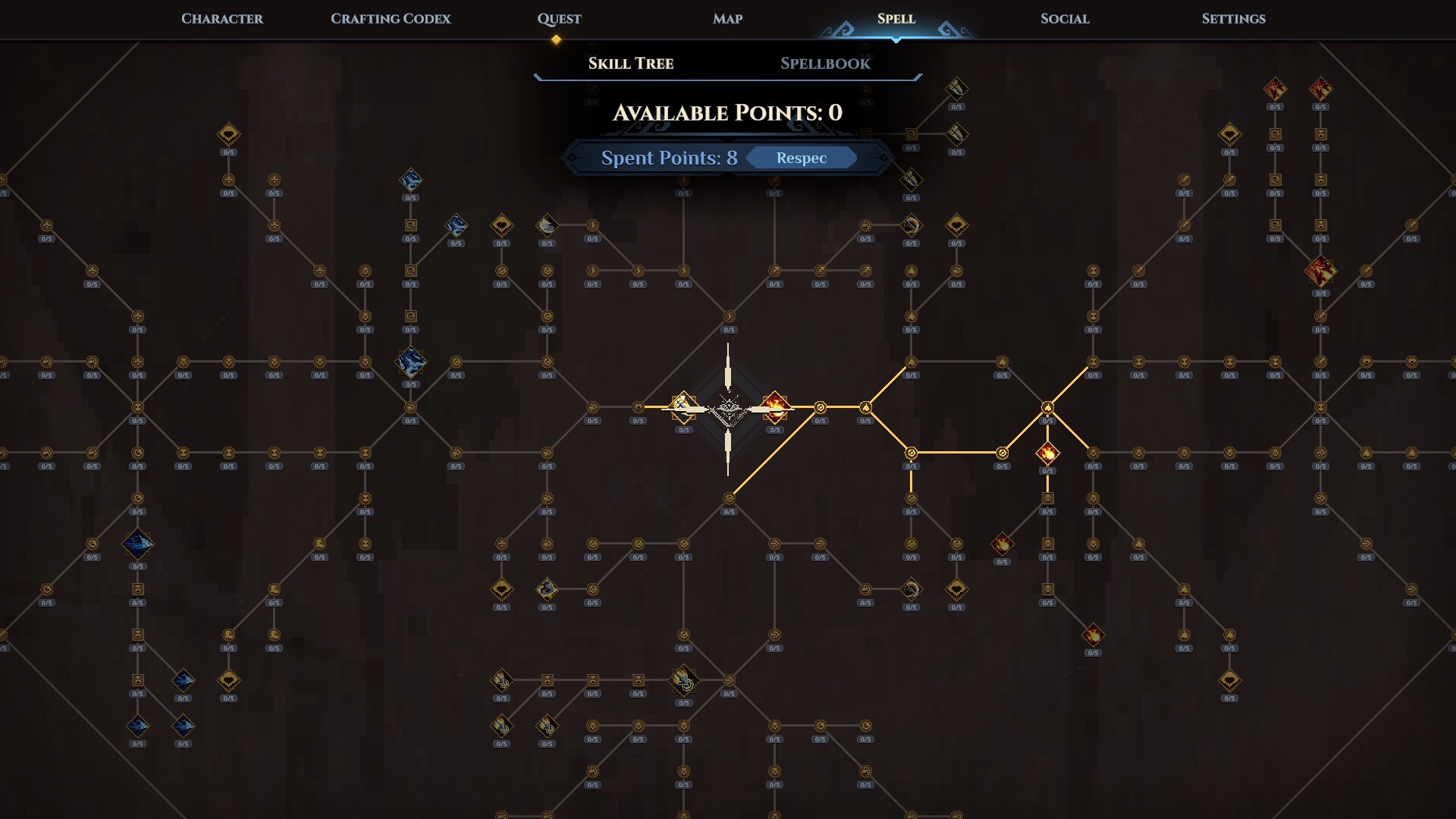 Dimraeth skill tree interface showing connected abilities