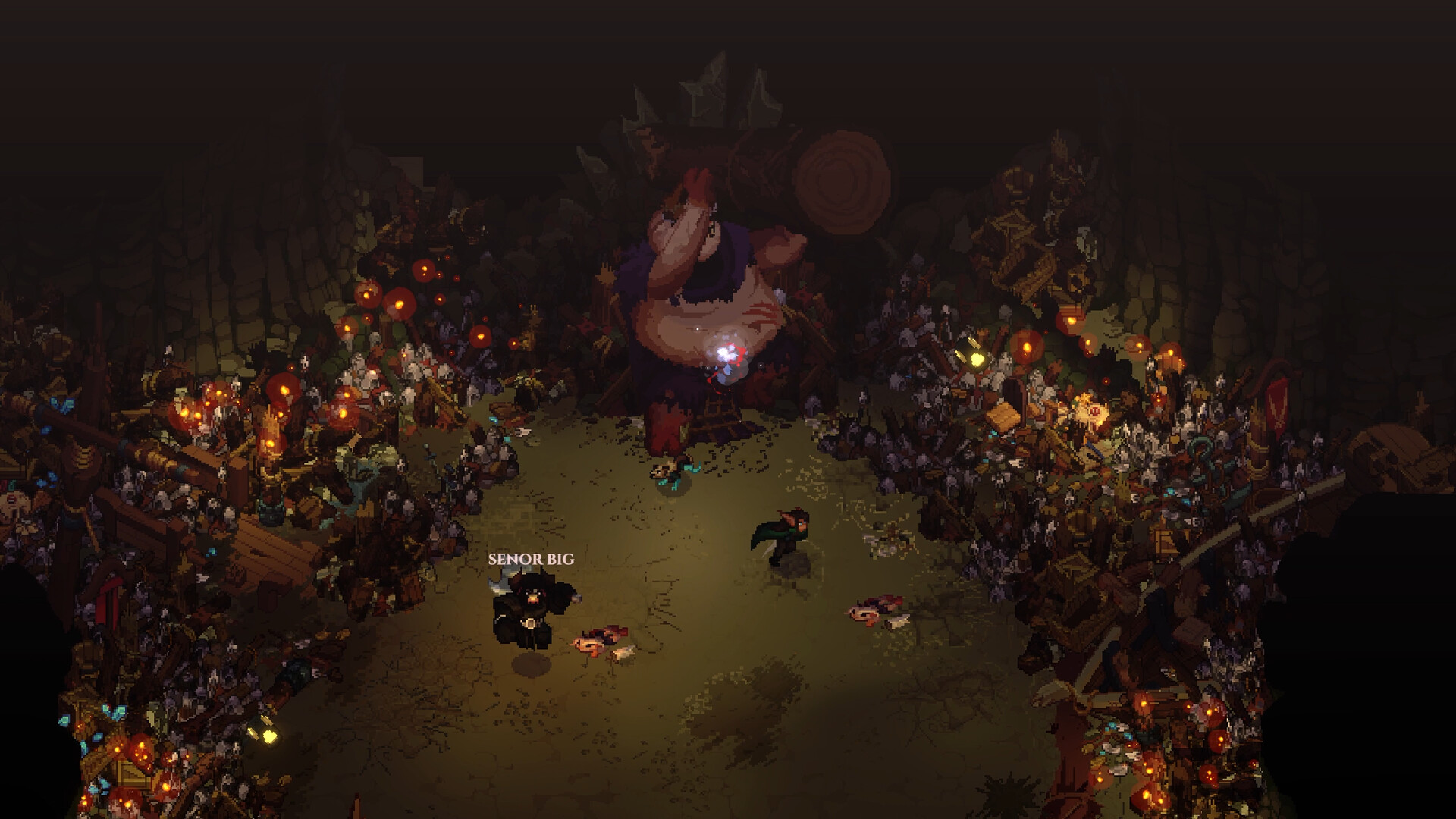 Dimraeth party facing a giant enemy in a torch-lit arena