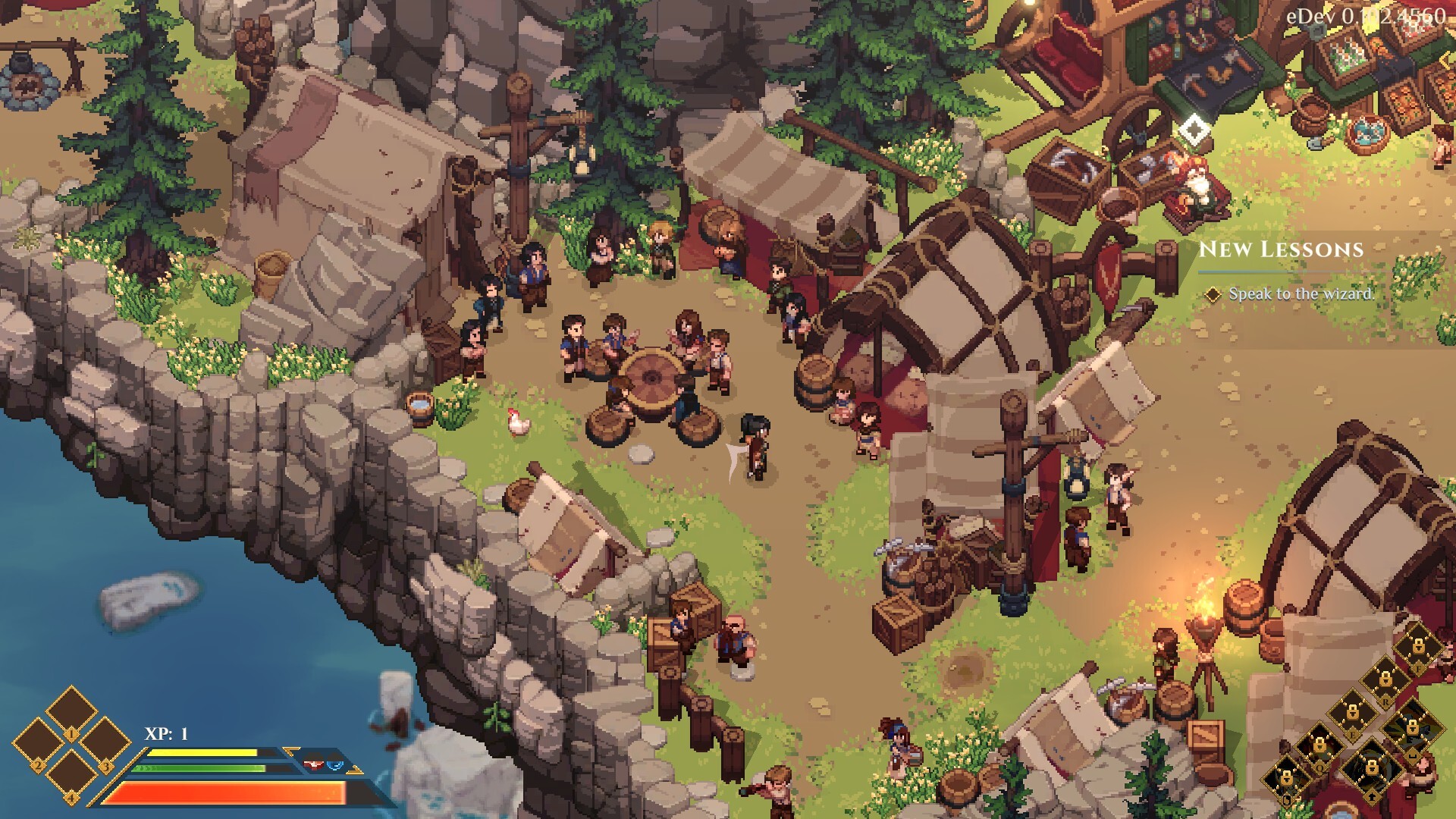 Dimraeth characters gathered in a pixel-art location